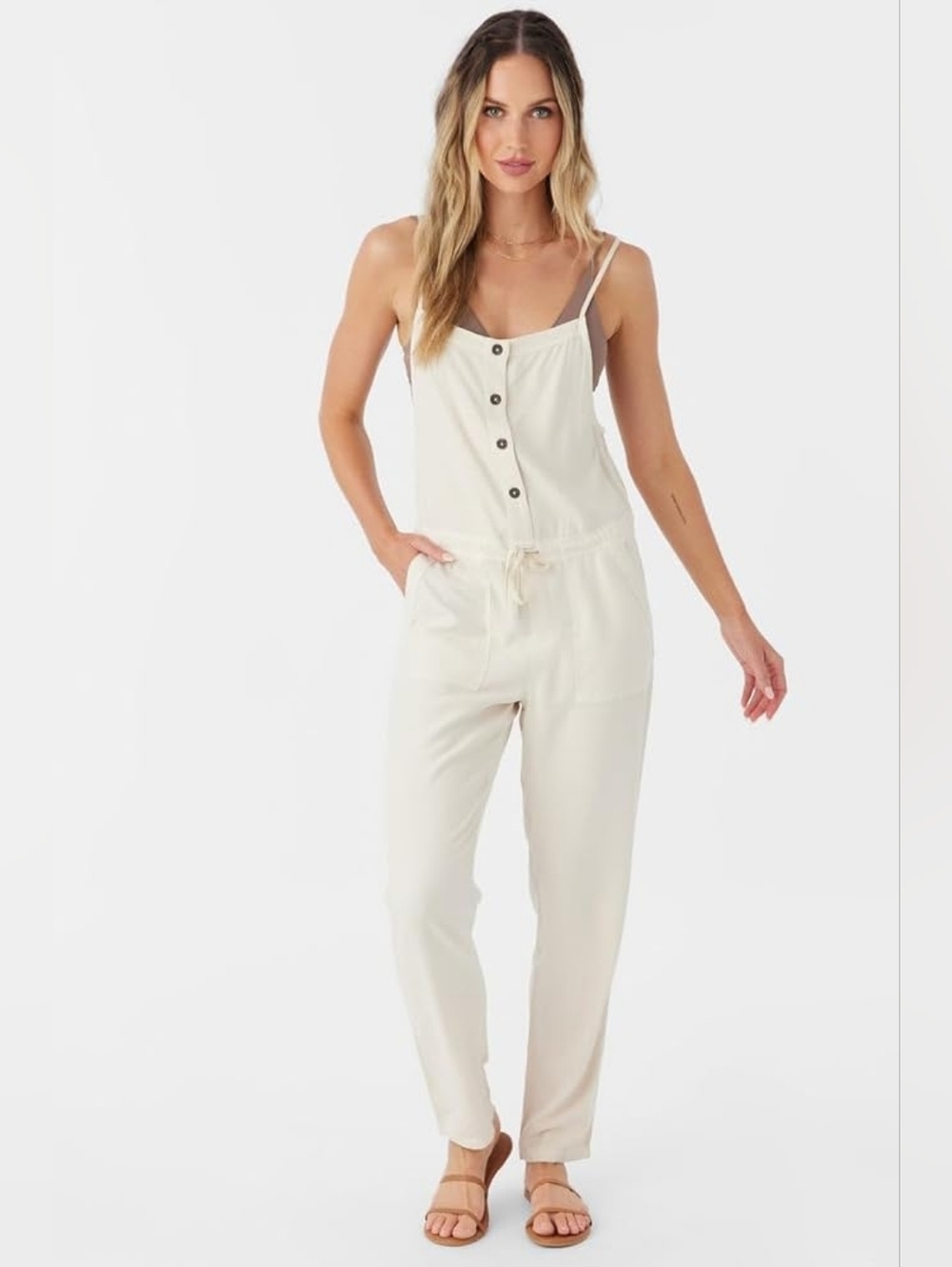 O'NEILL Women's Francina Cream Drawstring Button-Front Jumpsuit Jumper Size Smal